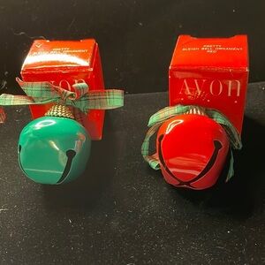 Set of 2 (1 red/1 green)Avon Vintage Pretty Sleigh Bell Ornaments w/plaid ribbon
